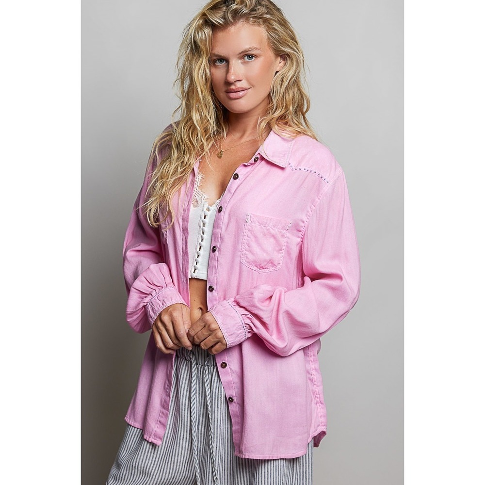 POL Washed Textured Cotton Western Button Front Shirt - Candy Pink -‎ Small